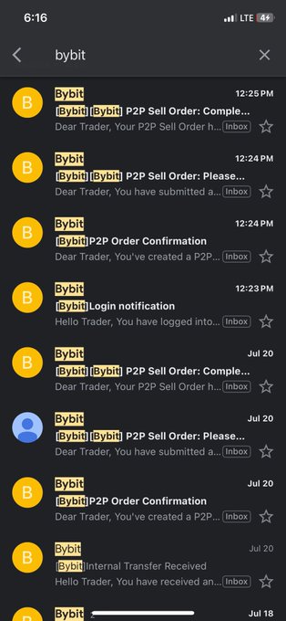 iPhone email inbox screenshot showing multiple Bybit notifications including P2P Sell Order completions, Order Confirmations, Login notifications, and Internal Transfer Received alerts.