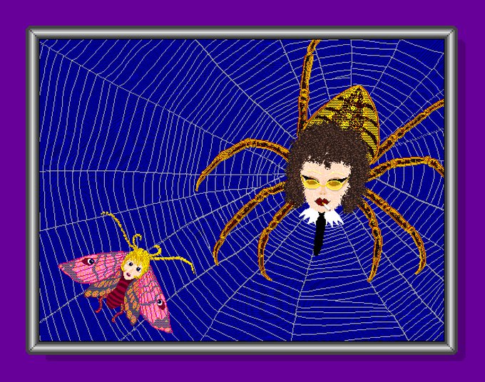 A pixel-art style illustration showing a large spider with a human female face on a web, facing a smaller pink and yellow butterfly-like insect with a human face against a purple background.