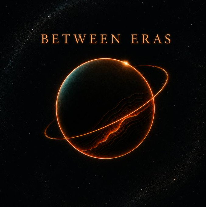A minimalist space-themed graphic featuring a dark planet with glowing orange rings and surface details, titled 'BETWEEN ERAS' in elegant text against a starry background.