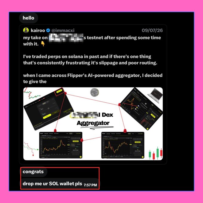 A Twitter/X direct message conversation where a user posts about a testnet DEX aggregator (Flipper AI) and replies with 'congrats' and 'drop me ur SOL wallet pls'.