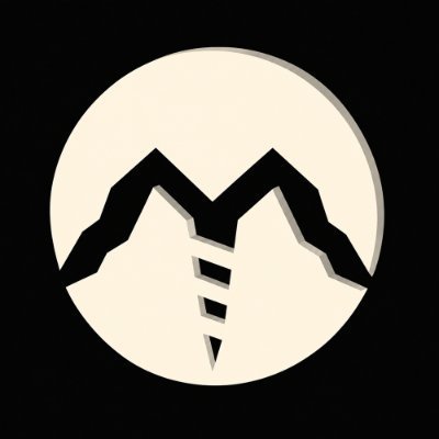 A beige circular emblem on a black background depicts a stylized mountain range above a downward-pointing drill or screw shape.