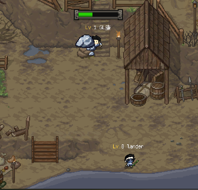 A pixel-art scene from the blockchain game BNB LAND shows a Level 8 character named "Tander" with a sword approaching a Level 1 character labeled "GL康" who has a health bar above them, set in a rustic village with wooden structures, barrels, and a fenced area near water. The image illustrates the retro-style RPG gameplay of this newly launched GameFi project on the BNB chain, highlighting the character-versus-character combat system that the post praises for its polished art style.