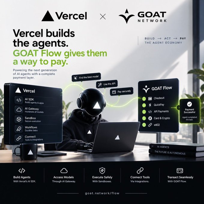 Promotional graphic for a Vercel x GOAT Network partnership, headlined 'Vercel builds the agents. GOAT Flow gives them a way to pay.' featuring a hooded figure at a laptop surrounded by interface panels listing features like 'AI SDK', 'AI Gateway', 'Sandbox', 'Checkout', and 'QuickPay' with the tagline 'BUILD → ACT → PAY THE AGENT ECONOMY'.