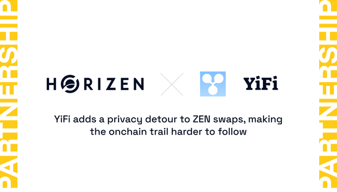 A partnership announcement graphic showing the Horizen logo next to the YiFi logo with text reading 'YiFi adds a privacy detour to ZEN swaps, making the onchain trail harder to follow.'