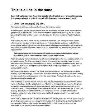 A document titled 'This is a line in the sand' by an investment professional discussing preserving public trust, fiduciary obligations, and warnings about unchecked trading powers in public markets.