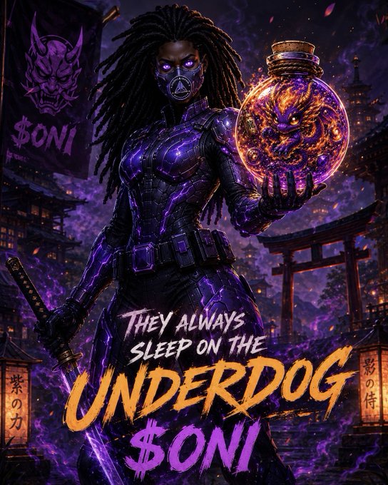 A fierce warrior woman with glowing purple eyes and a demonic mask holds a fiery orb containing a roaring dragon, standing before a banner reading "$ONI" and Japanese torii gates. The text "They Always Sleep On The Underdog $ONI" is prominently displayed, tying into the post's promotion of the $ONI token and its dragon spirit theme.