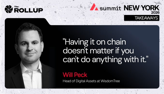 A graphic from The Rollup's Summit New York 2026 Takeaways featuring Will Peck, Head of Digital Assets at WisdomTree, with the quote: "Having it on chain doesn't matter if you can't do anything with it."