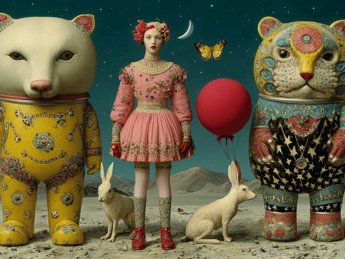 A surreal digital artwork features a pale girl in a pink floral dress with flower hair accessories, standing between two massive ornate cat and bear-like figures, with two white rabbits, a red balloon, and a butterfly against a night sky with a crescent moon.