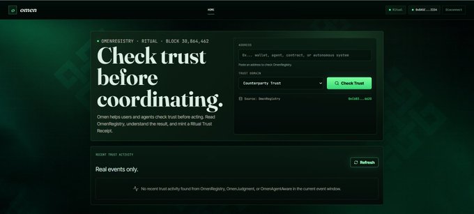 The image shows a screenshot of a website page that has a green background, with a lot of text and a focus on trust before coordinating. The main focus seems to be on the OmenRegistry feature, where users can check if they have any trust issues or issues related to agents before coordinating. It appears to be an educational or informational page providing details about how to use this particular service and ensuring that users are aware of the potential risks involved in relying on automated systems for decision-making purposes.