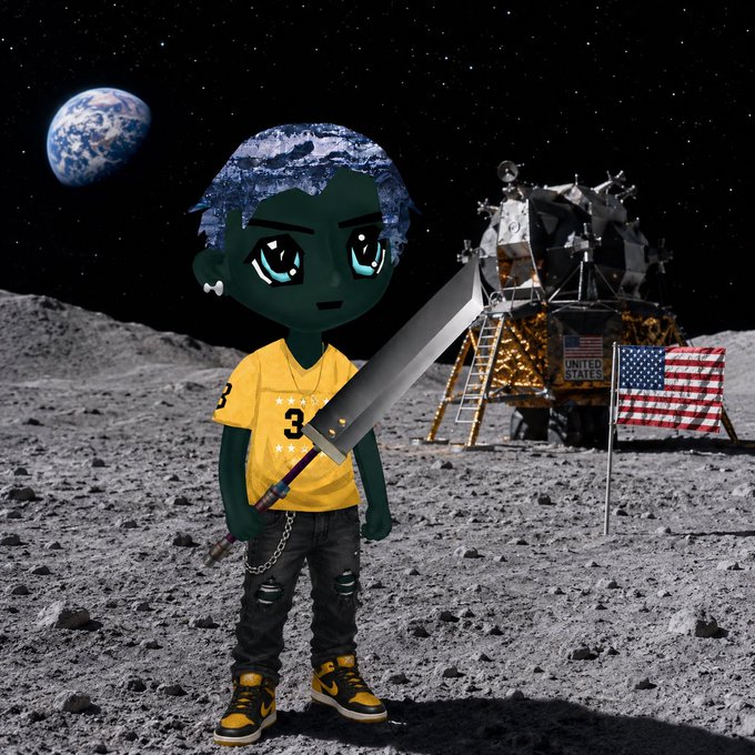 The image features a cartoon character with blue hair, dressed in yellow clothing, holding a sword while standing on a rocky surface that looks like the moon's surface. The caption for this image reads "GM Get in the 4 digit Hyperliquid mindset". This suggests that the image is related to a game or post about the character's adventures and experiences on the moon.