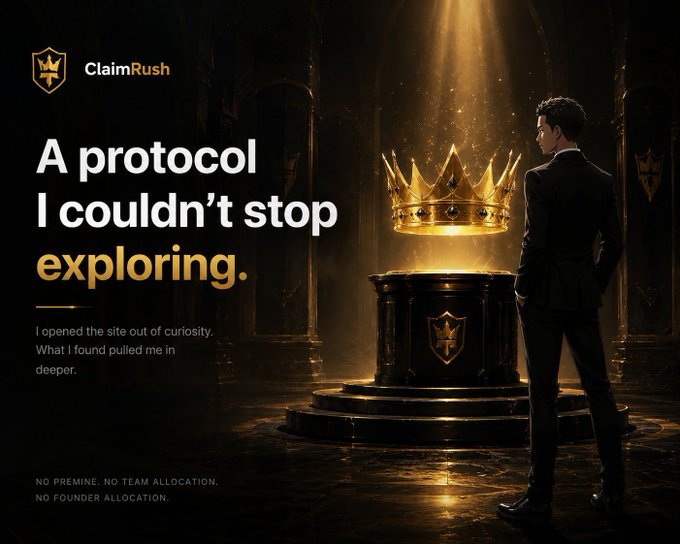 A promotional image for "ClaimRush" features a suited man gazing at a glowing golden crown on a pedestal in a dark hall, with the tagline "A protocol I couldn't stop exploring." and text noting "NO PREMINE. NO TEAM ALLOCATION. NO FOUNDER ALLOCATION." The image visually mirrors the post's narrative of being drawn in by curiosity and uncovering something unexpectedly compelling about the protocol.