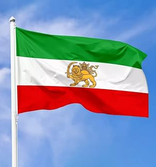 The image shows a waving flag with green, white, and red horizontal stripes featuring a golden lion emblem in the center, representing the historical flag of Iran. It connects to the post about US sanctions on Iranian cryptocurrency exchanges funding the IRGC, as the flag symbolizes the country where these sanctioned entities, like Nobinex and Tether-linked platforms, allegedly operated to move illicit funds.
