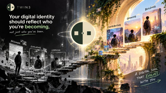 A promotional graphic for 'TWIN3' reads 'Your digital identity should reflect who you're becoming, not just who you've been,' illustrating a progression from 'Beginner' to 'Building' through stages including Exploring, Learning, Contributing, and Growing, with the tagline 'A digital soul that evolves with you.'