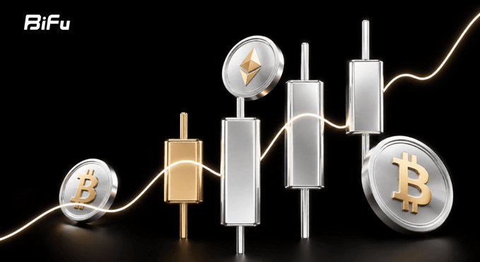 A digital illustration shows cryptocurrency trading instruments against a dark background, featuring golden Bitcoin and Ethereum coins alongside silver candlestick chart bars, with "BiFu" branding in the top left corner. The visual reinforces the post's message about different trading instruments (Spot, Perpetuals, CFDs, Event Contracts) all providing market exposure through varied mechanics, using candlesticks and crypto coins to symbolize the various ways traders can engage with markets.