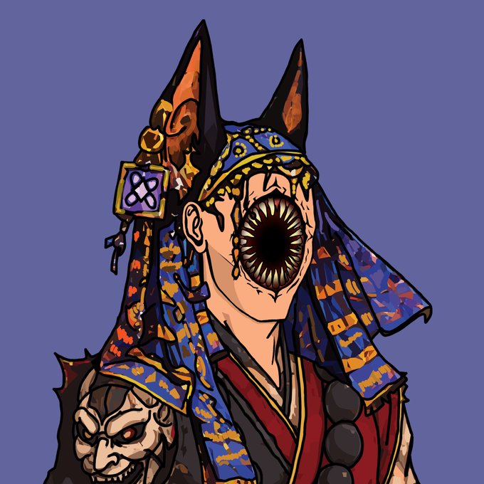 An illustration of a grotesque figure with fox-like ears wearing an ornate blue and gold Egyptian-style headdress, featuring a terrifying toothed maw where a face should be, with a demonic mask-like creature on the shoulder, set against a solid blue background.