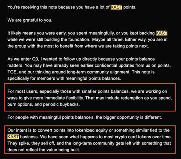 A note addressed to members with many KAS points, discussing point balance updates and plans to convert points into tokenized equity tied to KASI business, with key sections highlighted in red.