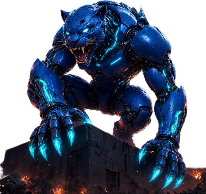 A robotic blue panther with glowing cyan accents and razor-sharp claws crouches atop rubble amid fiery embers, showcasing a single-color 3D print sample for the Panther breed of the Blue team NFTs, as credited to @ThaGinga9753.