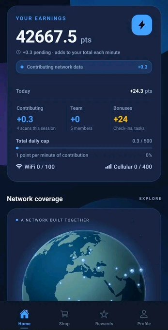 A mobile app dashboard titled 'YOUR EARNINGS' shows a balance of 42667.5 pts with today's earnings of +24.3 pts, including a 'Network coverage' section featuring an illustration of Earth.