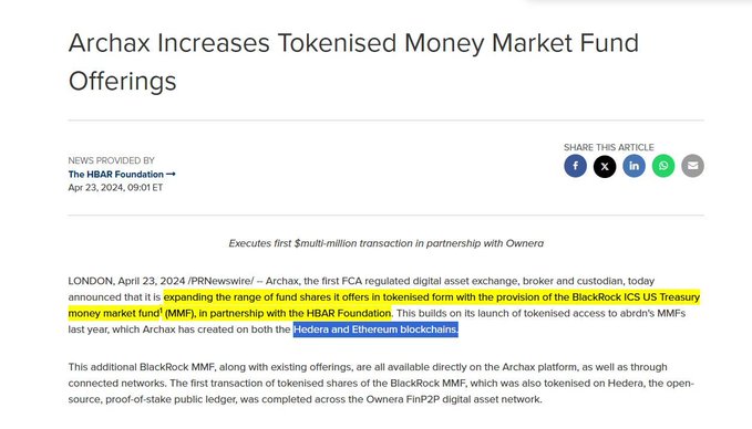 A news article headline: 'Archax Increases Tokenised Money Market Fund Offerings,' with highlighted text about BlackRock ICS US Treasury money market fund tokens on Hedera and Ethereum blockchains.