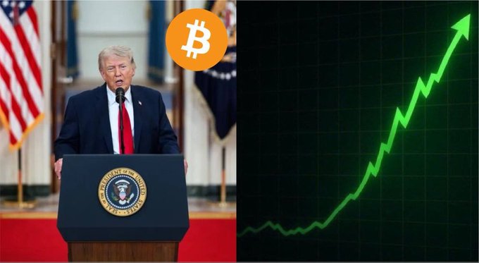 President Trump stands at a podium with the US seal, superimposed with a Bitcoin logo and an upward trending green graph, symbolizing potential positive crypto market impact from his meeting.