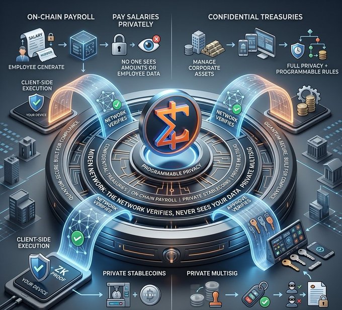 A 3D rendering of a complex network diagram, featuring a central hub labeled "S4" and various interconnected nodes, with icons for "On-chain payroll", "Payroll", "Confidential Treasures", and "Your Privacy".