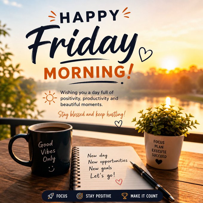 A motivational graphic with the text 'HAPPY Friday MORNING!' showing a coffee mug labeled 'Good Vibes Only,' a notebook with 'New day, New opportunities, New goals, Let's go!', and a potted plant labeled 'FOCUS PLAN EXECUTE SUCCEED' set against a lake sunrise, with tags reading 'FOCUS,' 'STAY POSITIVE,' and 'MAKE IT COUNT.'