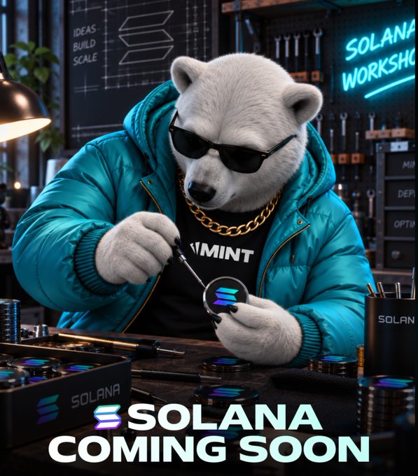 A stylized polar bear mascot wearing sunglasses, a gold chain, and a teal puffer jacket works at a workbench with Solana-branded tools and coins, advertising 'SOLANA COMING SOON' in a workshop setting.