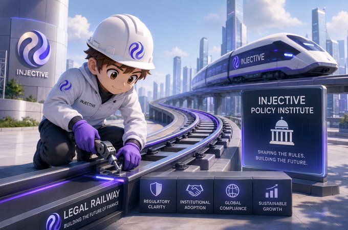 The image features an adult male wearing a white hard hat and safety gear kneeling down next to a train track with a purple sign that reads "Injective Policy Institute" behind him. The scene suggests that the man might be working on or near the tracks, possibly as part of a project related to the Injective Policy Institute's goals.

The post also mentions that the company is entering a new phase in its operations and is focusing on building products rather than just trading DeFi assets. This shift indicates that the company is expanding its reach beyond traditional financial markets and exploring opportunities in other areas, such as policymaking and global financial systems.