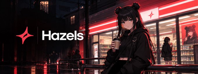 An anime-style banner featuring a girl with black twin buns holding a coffee cup outside a red-lit storefront at night, with the text 'Hazels' and a red sparkle logo on the left.