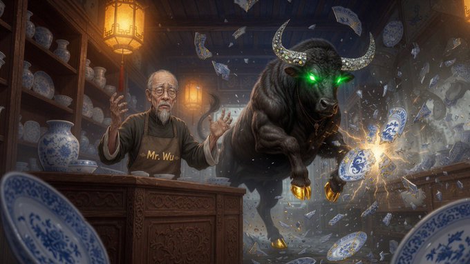 The image depicts an elderly shopkeeper with a terrified expression behind a counter labeled "Mr. Wu," watching a massive, muscular black bull with glowing green eyes rampaging through his display of blue-and-white porcelain, shattering ceramics mid-air. The artwork visually realizes the post's metaphor, illustrating the destruction of "Mr. Wu's china shop" caused by the awakened bull, tied to the token launch $CHINASHOP.
