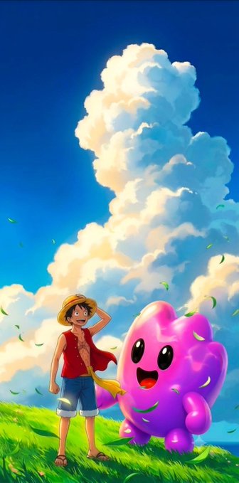 A bright, anime-style illustration of Monkey D. Luffy from One Piece standing on a grassy hill next to a cheerful, glowing purple blob creature under a large, fluffy white cloud.
