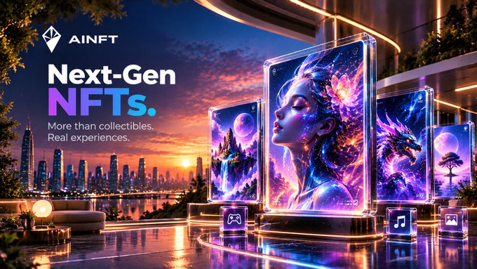 A promotional banner for 'AINFT' featuring 'Next-Gen NFTs. More than collectibles. Real experiences.' with futuristic displays showing digital art.