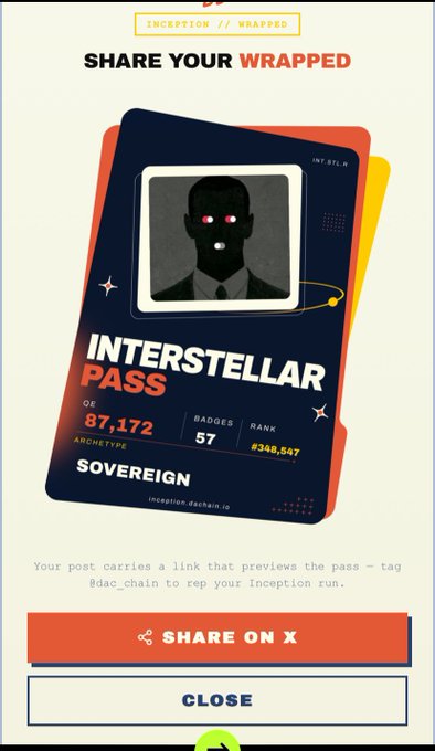 An 'Inception // Wrapped' share screen showing a dark 'Interstellar Pass' card with the username 'SOVEREIGN', QR 87,172, 57 badges, rank #348,547, and a stylized avatar, with 'SHARE ON X' and 'CLOSE' buttons below.