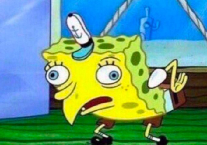 SpongeBob SquarePants appears shocked and confused with wide eyes and an open mouth, wearing his white Krusty Krab hat with an anchor emblem. The image humorously captures the skeptical reaction of XRP critics who dismiss the cryptocurrency as merely a meme coin, despite its emerging role as institutional collateral for credit.
