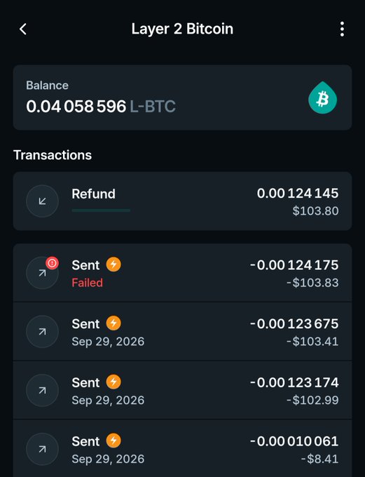 A mobile wallet app screenshot showing 'Layer 2 Bitcoin' with a balance of 0.04058596 L-BTC and a transaction history including a failed sent transaction of $103.83 and a refund of $103.80.