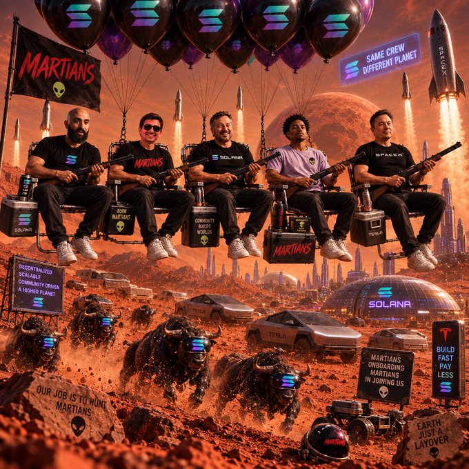 A surreal AI-generated scene depicts five men sitting in beach chairs holding rifles on Mars, with Solana logos, a 'MARTIANS' flag, SpaceX rockets, Tesla Cybertrucks, and text reading 'SAME CREW DIFFERENT PLANET' and 'OUR JOB IS TO HUNT MARTIANS'.