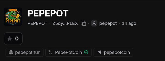 Social media post header for 'PEPEPOT' token (pepepot.fun) with contract address visible, posted by user pepepot 1 hour ago.