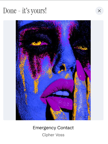 A pop art-style album cover shows a stylized face in blue, pink, and yellow tones, with text reading "Done - it's yours!", "Emergency Contact," and "Cipher Voss".