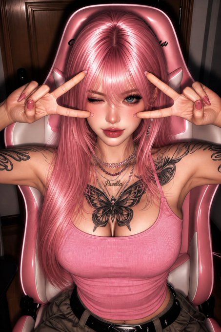 A young woman with long pink hair and a pink tank top winks and poses with peace signs while sitting in a pink gaming chair. A butterfly tattoo reading "Pixelia" is visible on her chest, fitting the "gm, connect ♡" post's social and aesthetic vibe.