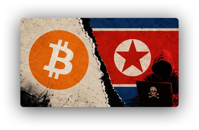A graphic illustration showing the Bitcoin logo on the left side of a torn paper design, with the North Korean flag and a hooded hacker using a skull-marked laptop on the right.