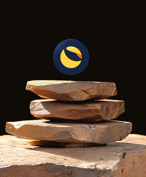 Three rough, flat stones are stacked on a larger stone base against a black background, with a blue and yellow circular logo floating above.