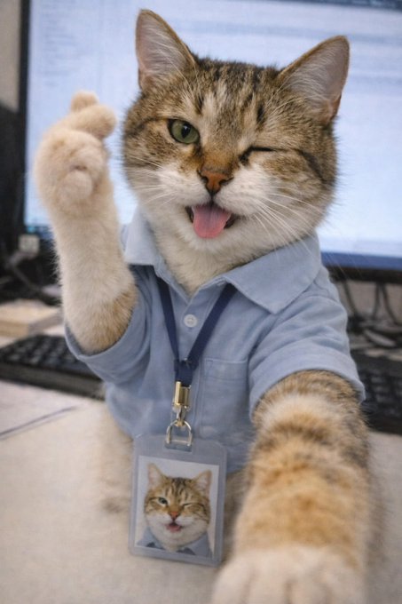 A photo of a tabby cat wearing a light blue polo shirt and a lanyard with an ID badge featuring the cat's face, making a middle finger gesture with its paw while sticking out its tongue.