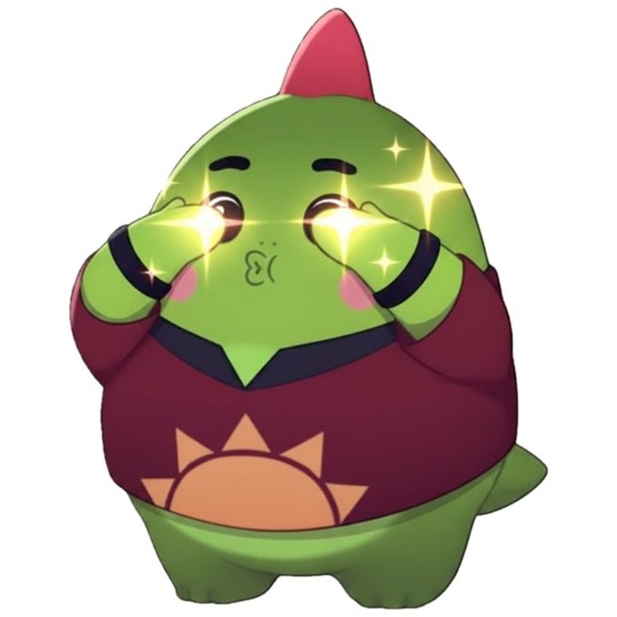 A cute cartoon green dinosaur character with a red crest, blushing cheeks, and sparkly eyes wearing a maroon sweater with a sun design.