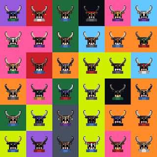 A colorful grid pattern displaying 30 cartoon viking character heads, each with different horned helmets against various bright background colors.