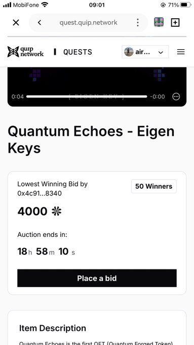 Screenshot of a Quip Network auction page for "Quantum Echoes - Eigen Keys," showing a lowest winning bid of 4000 QUIP with 18 hours, 58 minutes, and 10 seconds remaining and a "Place a bid" button, aligning with the post's call for users to bid QUIP points for a chance to mint rare NFTs.