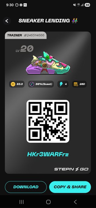 The image shows a smartphone screen displaying an app called "Stepin Go", which appears to be related to sneaker lending or trading. The phone's screen also contains a QR code, possibly for entering personal information or accessing additional content within the app.