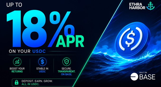 An advertisement for 'ETHRA HARBOR' promotes up to 18% APR on USDC deposits, built on Base, highlighting benefits like boosted returns and stability.