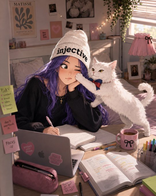 The image features a girl sitting at a desk with her laptop open, surrounded by various items such as books, papers, and pens. A cat is standing next to her, seemingly interested in what she's doing. The girl appears to be working on a project or studying for an exam.