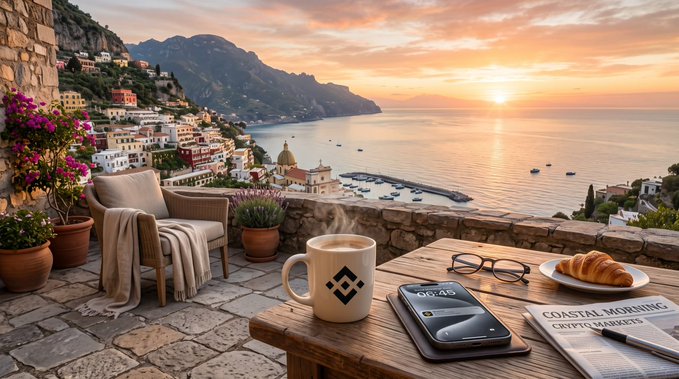 A serene coastal Mediterranean village at sunset, featuring a wooden table set with a steaming mug of coffee, reading glasses, a smartphone, a croissant, and a newspaper titled 'COASTAL MORNING', with a pastel-hued seaside town in the background.