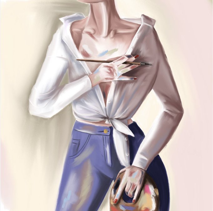 A digital painting depicting a figure in a white tied shirt and blue pants holding a paintbrush and a palette, with visible brushstrokes.
